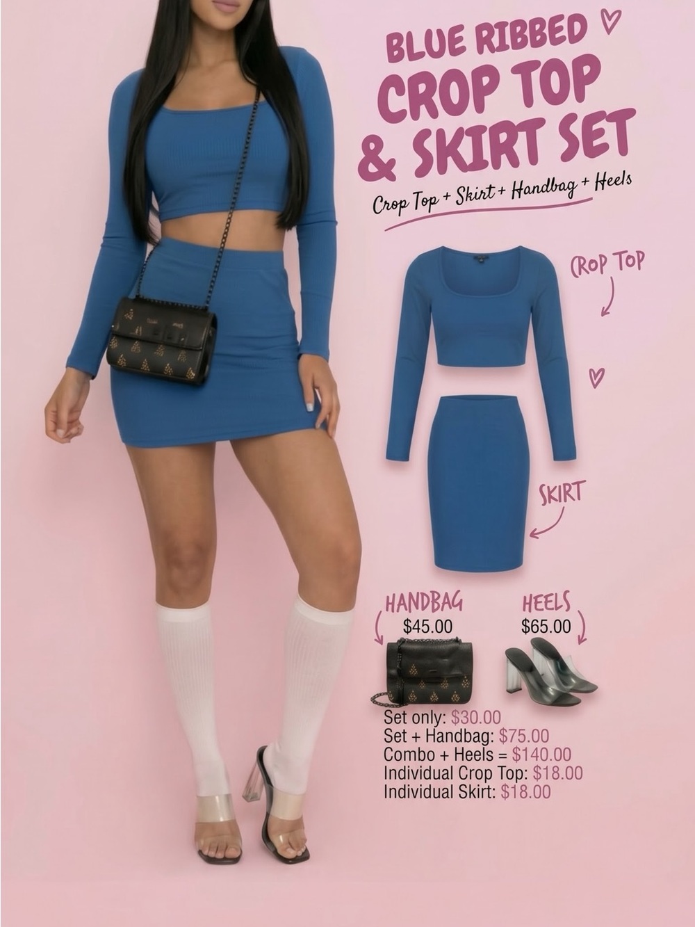 Blue Ribbed Crop Top & Skirt Set - Women